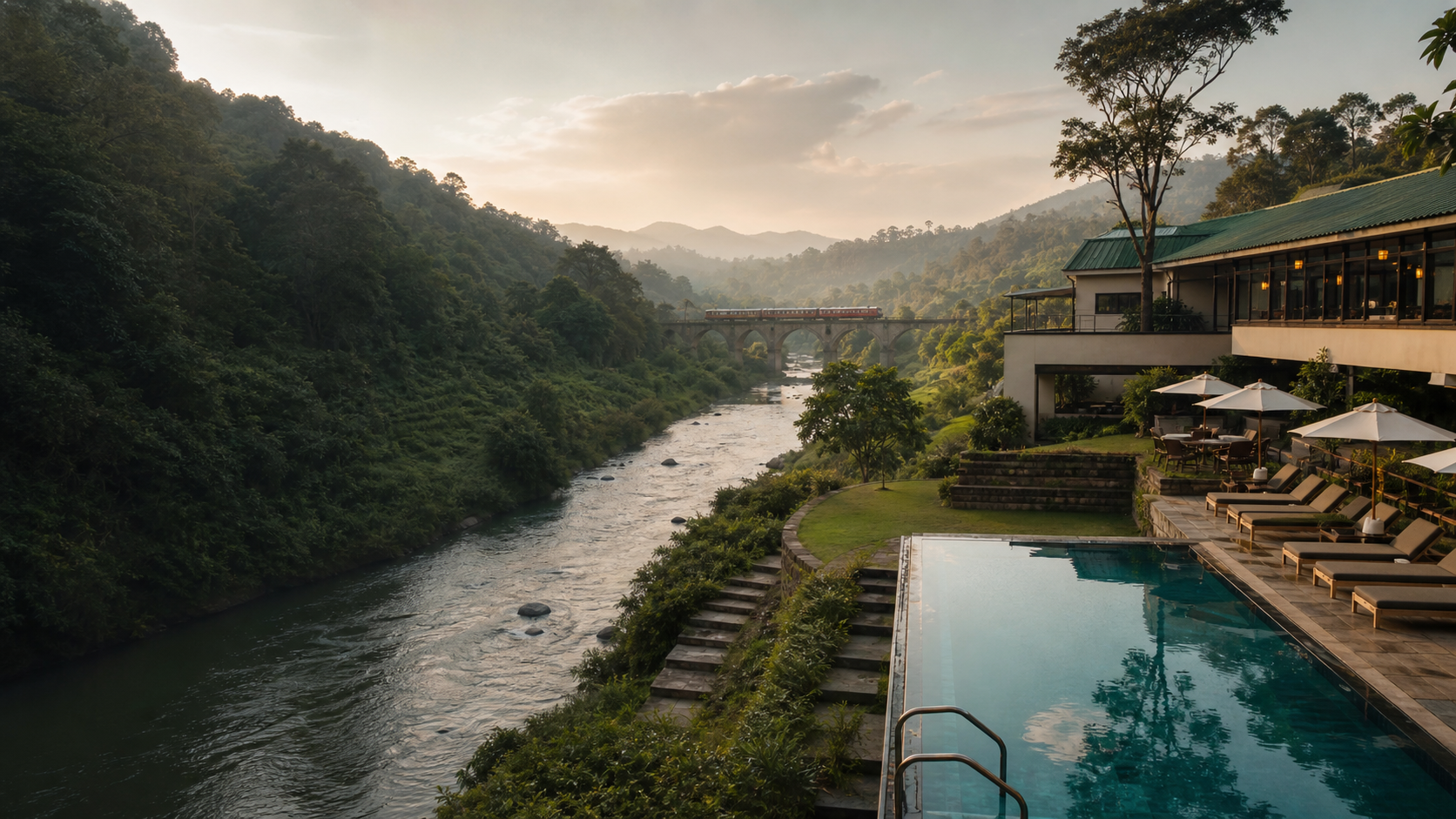Riverside hotel, pool and train view in Badulla